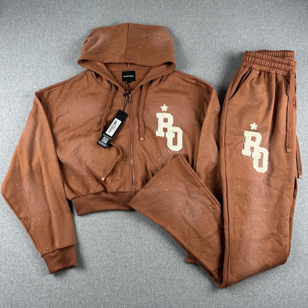 Rockstar Original Tracksuit Set Womens L Tyona Rhinestone Stacked Flare Mocha NW